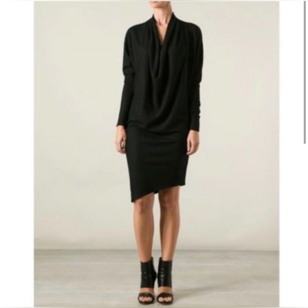 Helmut Lang black wool cowl neck dress, long sleeve, asymmetrical dress.
